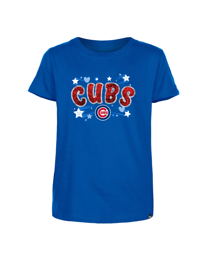 Chicago Cubs Girls Sequin Script Crop Royal Youth Tee by New Era Kids T-Shirt Ivy Shop