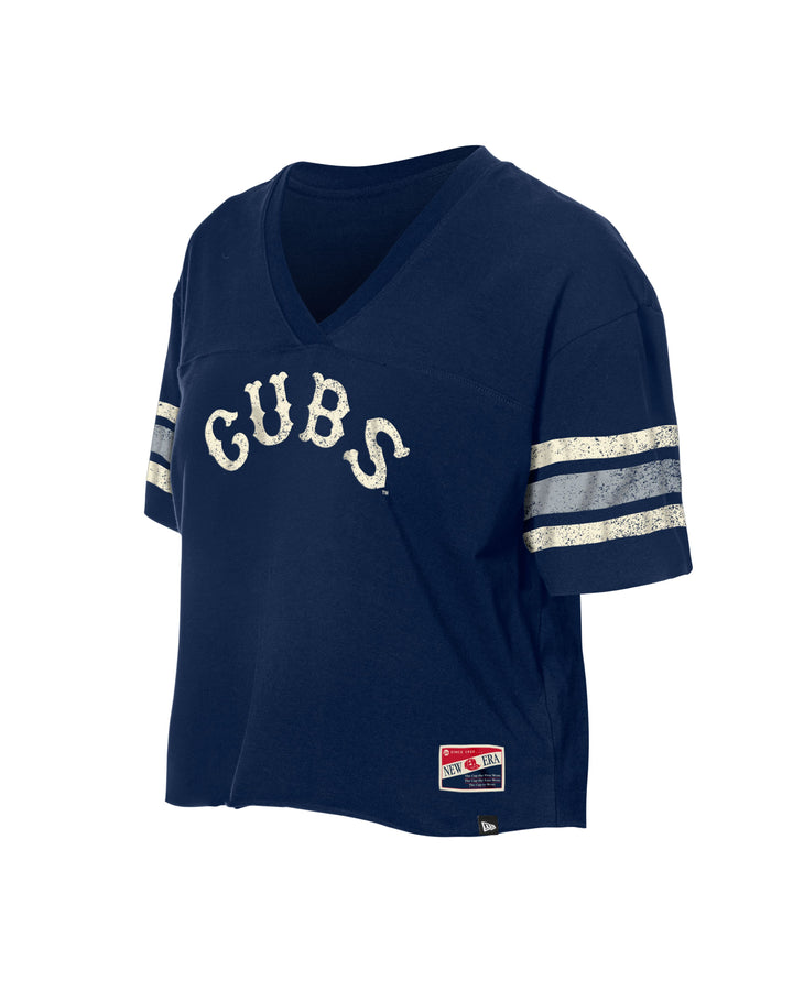 Chicago Cubs 1914 Script Throwback Navy Women's Crop T-Shirt by New Era Short Sleeve Tees NEW ERA CAP COMPANY INC