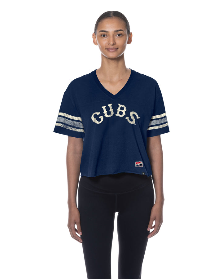 Chicago Cubs 1914 Script Throwback Navy Women's Crop T-Shirt by New Era Short Sleeve Tees NEW ERA CAP COMPANY INC