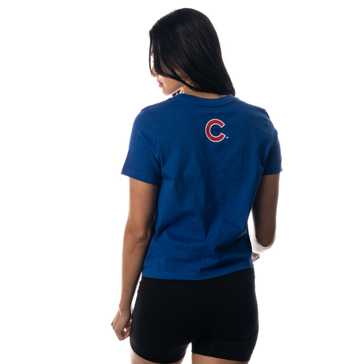 CHICAGO CUBS WILD COLLECTIVE WOMEN'S ROYAL BLUE SCRIPT TWIST FRONT TEE