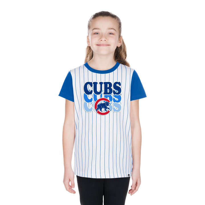 Chicago Cubs New Era Youth Walking Bear Triple Wordmark Pinstripe Tee