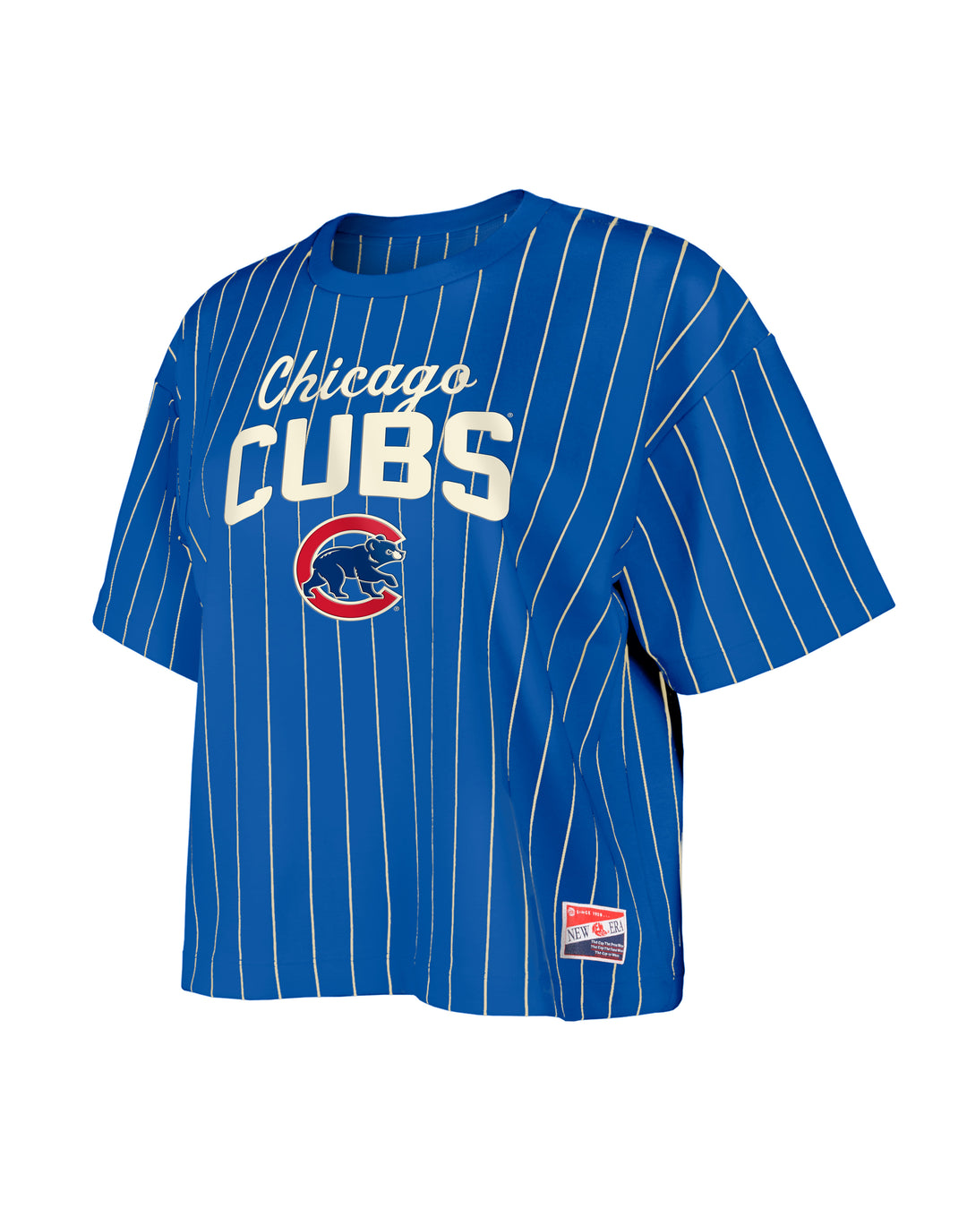 Chicago Cubs Walking Bear Women's Cropped Royal Pinstripe Tee by New Era Short Sleeve Tees New Era