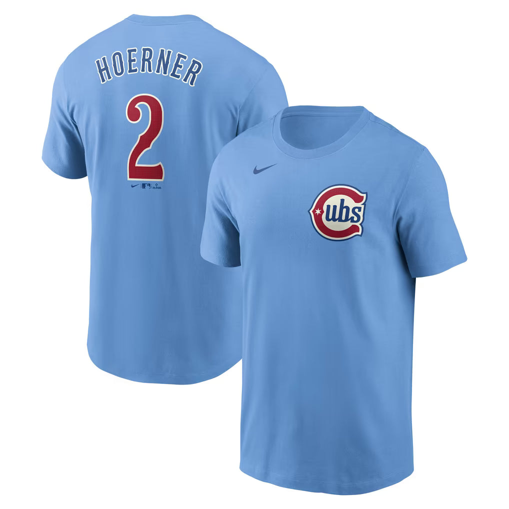 Chicago Cubs Nico Hoerner Chicago Blues Men's Baby Blue Fuse Name & Number T-Shirt by Nike T-Shirts NIKE USA